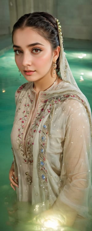 (best quality,8K,highres,masterpiece,raw image), ultra-detailed, featuring a beautiful young wet woman adorned in a realistic detailed wet long embroidery designer  dress shirts shawl that emits a soft, ethereal light. Her flowy black chignon wet hair appears to be infused with the same radiant wet glow. eye contact,kind wet smile, lipgloss, The well lit backdrop consists of glowing grapes, in water, colorful,colorful,soakingwetclothes,Pakistani dress