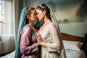 (wet clothes, wet hair, wet, wet face, wet skin, two girls kissing, shawl , wet veil,  A cinematic photo of Two wet women are kissing while sleeping together on a bed. They are wearing wet victorian style silk dress and wet shawl. Both women are wearing wet, soaked Victorian silk dresses and wet shawl. Wet clothes clinging, The room is white and has a few props. The background is blurred.: 1.4 ),(60s film , two wet lesbian making out session, A sultryMedium shot ,looking to the camera,   blonde deep wet kiss (wet brunnete doris day and grace kelly a 40-year-old wet woman). embraced full wet make up, The cinematic film still captures their intimate moment as they making out, wet drindl ballgown, wet royal cloak. they embrace each other against the backdrop of a luxurious coffeshop bathed in soft daylight, submerge,  hugging, wet hair, moist face:1.2)), infused with norwegian elements. The wet dress combines intricate lace and embroidery with colorful ballgown-inspired patterns. A wide obi belt cinches her waist, while puffed sleeves and delicate accessories complete the look, showcasing a striking fusion of cultures.,ct-drago
.
, soakingwetclothes, wet clothes, wet hair,photorealistic,georgian gown,18thcentury,Georgian gown,Pakistani dress