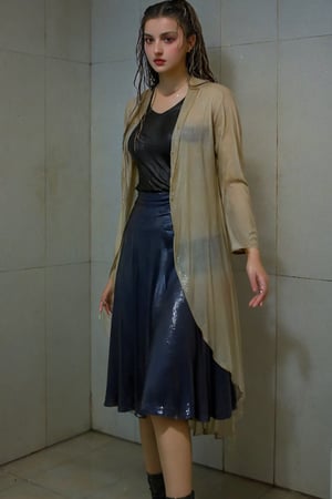 xxmixgirl, 1 woman, detailed face, detailed indoor background, standing in the room, completely wet, wet hair, dramatic lighting by Bill Sienkiewicz, 1940s tight fitting summer longskirt, wool pantyhose, furcoat, boots, wet clothes, heavy rain,tiedbreastsblue, wet clothes, wet hair, wet , ,Pakistani dress