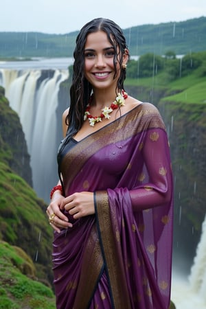 (wet clothes, wet hair, wet face, wet skin, slimed cloth, :1.4)

A smiling Norwegian woman is wearing a traditional Kanjivaram silk saree, completely drenched by the rain, as she stands at the edge of a majestic cliff, overlooking a roaring waterfall. The saree is a deep violet with an ornate gold border featuring lotus motifs. She has draped the saree over her left shoulder and wrapped it tightly around her right shoulder, holding it firmly as the wind sweeps through. Her accessories include red glass bangles, a gold ring, and a jasmine garland necklace, with her long, wet black hair adorned with jasmine flowers, blowing gently in the breeze. Behind her, the powerful waterfall cascades down into a misty valley, surrounded by lush greenery and towering mountains. Rain pours down continuously, soaking both her and the landscape, with the wet saree clinging to her form and accentuating its rich, intricate designs. The dramatic lighting enhances the natural beauty of the scene, while the roar of the waterfall and the misty air create a sense of awe and serenity..

. 

 Close-up shot, 4K, RAW, masterpiece, soakingwetclothes, wetlook, high definition, luxury wet fashion photography, professional news studio atmosphere.,Fetishwet,Enhanced all,Wetfetish