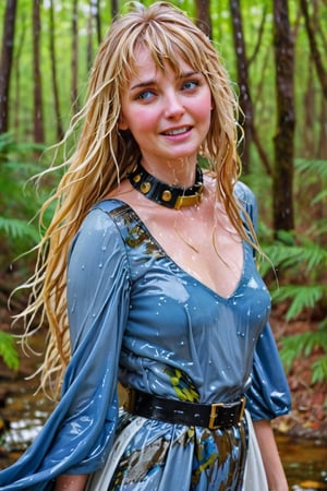 An concept art of an ethereal wet irish alchemist , portrait of a beautiful woman. . closeup of a mature blonde woman with bangs blue and gold camo colored ballgown, she's in a forest looking happy, blushing, leather dog collar, dripping wet hair, ,Masterpiece,white tiled background,, wet skin, wet face, wet heavy dress, 
(masterpiece, top quality, best quality, official art, beautiful and aesthetic:1.2), extreme detailed, highest detailed, ,Masterpiece,Color Booster,wet hair,, wet robe, layered dress, face focused
,soakingwetclothes,art_booster,wagasa,oil-paper,score_9,oil paint 