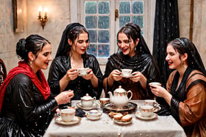 Captured in a single take with a real 50mm lens, this stunning photo showcases four women gathered for an indoor tea party amidst a torrential downpour. Donning gothic peasant dresses and winter shawls, they sit amidst the chaos, their faces aglow as they engage in conversation over steaming cups and saucers. Water-drenched hair clings to their skin as oil glistens on wet clothes, while phones lay scattered around them, forgotten in the midst of laughter and connection. Each woman's face is a masterpiece, with beautiful detailed eyes, lips, and features that seem almost three-dimensional. Long eyelashes frame their gaze, which shines softly against the serene expression, like a work of art come to life. Every fold of their clothing, every glint of jewelry, and every detail of the background seems meticulously crafted, as if plucked from a painter's canvas. (((wet clothes, wet hair, wet skin, wet, soaked, clothes cling to skin:1.2)),soakingwetclothes