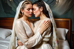 (wet clothes, wet hair, wet, wet face, wet skin, two girls kissing, shawl , wet veil,  A cinematic photo of Two wet women are kissing while sleeping together on a wet bed. They are wearing wet victorian style silk dress and wet shawl. Both women are wearing wet, soaked Victorian silk dresses and wet shawl. Wet clothes clinging, The room is white and has a few props. The background is blurred.: 1.4 ),(60s film , two wet lesbian making out session, A sultryMedium shot ,looking to the camera,   blonde deep wet kiss (wet brunnete doris day and grace kelly a 40-year-old wet woman). embraced full wet make up, The cinematic film still captures their intimate moment as they making out, wet drindl ballgown, wet royal cloak. they embrace each other against the backdrop of a luxurious coffeshop bathed in soft daylight, submerge,  hugging, wet hair, moist face:1.2)), infused with norwegian elements. The wet dress combines intricate lace and embroidery with colorful ballgown-inspired patterns. A wide obi belt cinches her waist, while puffed sleeves and delicate accessories complete the look, showcasing a striking fusion of cultures.,ct-drago
.
, soakingwetclothes, wet clothes, wet hair,photorealistic,georgian gown,18thcentury,Georgian gown,Pakistani dress