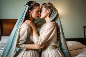 (wet clothes, wet hair, wet, wet face, wet skin, two girls kissing, shawl , wet veil,  A cinematic photo of Two wet women are kissing while sleeping together on a bed. They are wearing wet victorian style silk dress and wet shawl. Both women are wearing wet, soaked Victorian silk dresses and wet shawl. Wet clothes clinging, The room is white and has a few props. The background is blurred.: 1.4 ),(60s film , two wet lesbian making out session, A sultryMedium shot ,looking to the camera,   blonde deep wet kiss (wet brunnete doris day and grace kelly a 40-year-old wet woman). embraced full wet make up, The cinematic film still captures their intimate moment as they making out, wet drindl ballgown, wet royal cloak. they embrace each other against the backdrop of a luxurious coffeshop bathed in soft daylight, submerge,  hugging, wet hair, moist face:1.2)), infused with norwegian elements. The wet dress combines intricate lace and embroidery with colorful ballgown-inspired patterns. A wide obi belt cinches her waist, while puffed sleeves and delicate accessories complete the look, showcasing a striking fusion of cultures.,ct-drago
.
, soakingwetclothes, wet clothes, wet hair,photorealistic,georgian gown,18thcentury,Georgian gown,Pakistani dress