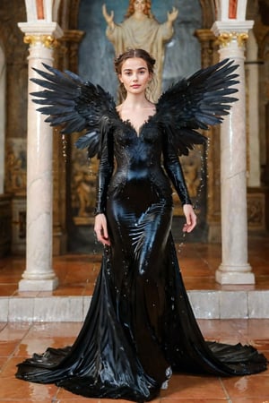 A girl wearing a long black wedding dress, church, baroque style, detailed feathers, huge wings, full body, big scene, super realistic,soakingwetclothes, wet clothes, wet hair, wet skin, wet, soaked.face focused
