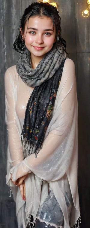 a cute young wet woman, her wet cat, digital painting, flawless soft wet skin,highly detailed wet face,wet black hair, kind smile,friendly,bliss,wearing a wet cozy shawl and scarf,bubbles,dark background,warm vibes, ultra realistic,soakingwetclothes,hoopdress