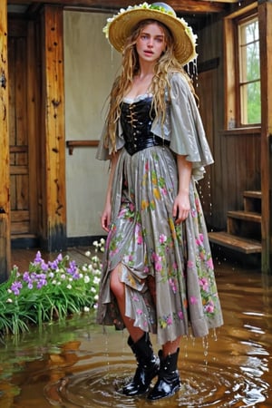 An concept art of an ethereal wet irish alchemist , portrait of a beautiful woman. .A wet girl wearing a wet floral dress, a flowered hat, long wet mediaval cape. Capturing the essence of Manet's 'Spring', dripping wet hair, ,Masterpiece,Half-timbered Construction,, wet skin, wet face, wet heavy longskirt, boots,  .
(masterpiece, top quality, best quality, official art, beautiful and aesthetic:1.2), extreme detailed, highest detailed, ,Masterpiece,Color Booster,wet hair, wet heavy longskirt, boots, wet robe, layered longskirt, face focused
,soakingwetclothes,art_booster,wagasa,oil-paper,score_9,oil paint 
