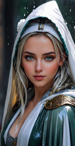 An concept art of an ethereal wet elf lady dressed in wet Renaissance court dress cape, (RAW photo, best quality), (realistic, photo-Realistic:1.1), best quality, masterpiece, beautiful and aesthetic, 16K, (HDR:1.2), high contrast, (vibrant color:1.3), (muted colors, dim colors, soothing tones:0), cinematic lighting, ambient lighting, sidelighting, Exquisite details and textures, cinematic shot, Warm tone, (Bright and intense:1.1), wide shot, by xm887, ultra realistic illustration, siena natural ratio, (random view:1.4), (random poses:1.4), Dark wet blonde long bob cut with blunt bangs, (a shy smile:1.4), white bracelet, wearing a wet white winter jacket and scarf, wet white fur hat, a beautiful German wet girl with a tattoo, soaked, gray eyes, a small earrings, ultra hd, realistic, vivid colors, highly detailed, UHD drawing, pen and ink, perfect composition, beautiful detailed intricate insanely detailed octane render trending on artstation, 8k artistic photography, photorealistic concept art, soft natural volumetric cinematic perfect light. knight,soakingwetclothes, wet clothes, wet hair, wet skin, wet face,, face focused, skin pores