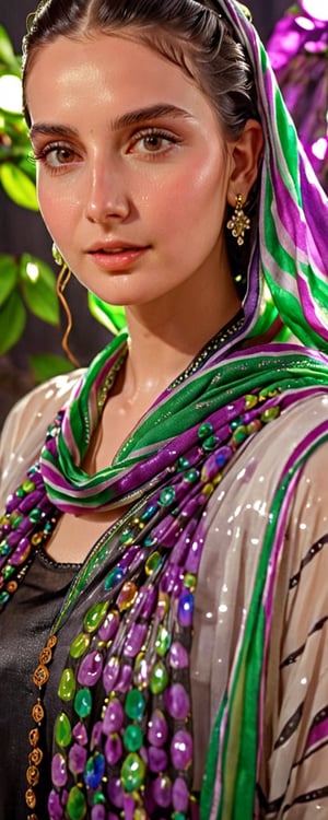 (best quality,8K,highres,masterpiece,raw image), ultra-detailed, featuring a beautiful young wet woman adorned in a realistic detailed wet designer  dress shirts shawl that emits a soft, ethereal light. Her flowy black chignon wet hair appears to be infused with the same radiant wet glow. eye contact,kind wet smile, lipgloss, The well lit backdrop consists of glowing grapes, colorful,colorful,soakingwetclothes,Pakistani dress