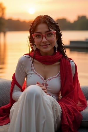 (Wet clothes, wet hair, wet skin:1.2) Capture an enchanting image of a soaking wet cute girl seated gracefully on an oversized, plush cushion. Her outfit is quintessential sleek white traditional saree with red embroidery, long sleeve embroidery blouse and, red shawl, stiletto heels, and diamond earrings. . She wears pink-rimmed glasses that add a touch of whimsy to her look. Her ensemble includes wet hair paired with delicate black lace wet gloves, and she completes the look with stylish.

. The camera uses a close-up shot with a 70mm lens, highlighting the elegance of her attire and the shimmering skyline. The lighting is soft and golden, with the warm glow of the sunset reflecting off
her dress. The image is in 6K resolution, capturing the refined details of her outfit and the glamour of the evening event, ek_ph0t0_b00ster
,
,,Realistic.,, ,soakingwetclothes, wet clothes, wet hair, wet,,3/4 body image ,wet cloths cling to body,Wet,covered in oil,covered in mud,wam,wetlook, Fetishwet