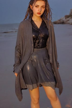 xxmixgirl, 1 woman, detailed face, detailed background, standing on the beach, completely wet, wet hair, dramatic lighting by Bill Sienkiewicz, 1940s tight fitting summer longskirt, wool pantyhose, furcoat, boots, wet clothes, heavy rain,tiedbreastsblue, wet clothes, wet hair, wet , ,Pakistani dress