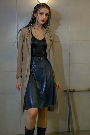 xxmixgirl, 1 woman, detailed face, detailed indoor background, standing in the room, completely wet, wet hair, dramatic lighting by Bill Sienkiewicz, 1940s tight fitting summer longskirt, wool pantyhose, furcoat, boots, wet clothes, heavy rain,tiedbreastsblue, wet clothes, wet hair, wet , ,Pakistani dress