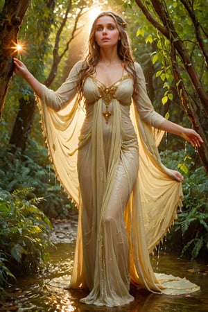 In a dappled, ancient forest ruin, an Elf Princess stands tall, her staff raised high as beams of warm sunlight filter through the trees, casting a golden halo around her regal figure. Her revealing, enchanted clothing shimmers in the soft light, while lush foliage and vines surround her, creating a lush environment. The camera captures a sharp focus on the princess's face, with the rule of thirds composition placing her at the intersection of two diagonals. Shot during the golden hour, the scene exudes an ethereal mood, inviting the viewer to step into this mystical realm., ,fantasy,better_hands,leonardo,angelawhite,Enhance (), ((wet clothes, victorian ballgown, ,((heavy rain, beautiful faces, soakingwetclothes, wet clothes, wet hair, wet skin, clothes cling to skin, drapped with wet shawl:1.3)),soakingwetclothes,, wet skin, wet face, wet robe,, face focused , soakingwetclothes,art_booster,indian,OnlySaree_Style,,hoopdress,Pakistani dress,saree,saree influencer,saree model