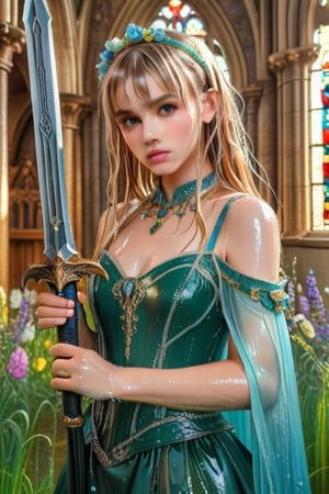 masterpiece, official art, ((ultra detailed)), (ultra quality), high quality, perfect face, 1 wet girl with long hair, blond-green wet hair with bangs, bronze eyes, detailed face, wearing a fancy ornate (((folk ballgown dress))), shoulder armor, armor, glove, hairband, hair accessories, striped, (wet clothes, wet hair, wet skin, holding the great weapon:1.37), jewelery, thighhighs, pauldrons, side slit, capelet, vertical stripes, looking at viewer, fantastical and ethereal scenery, daytime, church, grass, flowers. Intricate details, extremely detailed, incredible details, full colored, complex details, hyper maximalist, detailed decoration, detailed lines, best quality, HDR, dynamic lighting, perfect anatomy, realistic, more detail,
,Architectural100,style,soakingwetclothes