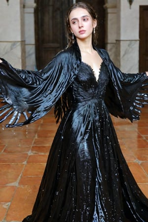 A girl wearing a long black wedding dress, church, baroque style, detailed feathers, huge wings, big scene, super realistic, wet shawl, pakistani dress, soakingwetclothes, wet clothes, wet hair, wet skin, wet, soaked , wet face.face focused