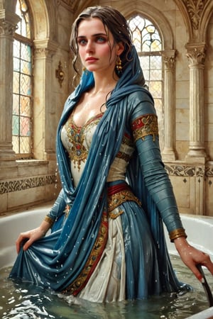 masterpiece, best quality, ultra high resolution, visually stunning, beautiful, award-winning art (abstract art: 1.3), beautiful )))A FULL-LENGTH very detalied full leghn , A anime a very beutifful female medieval warhammer style noble smile,, Watercolor, trending on artstation, sharp focus, Indoor photo, white tiles background, intricate details, highly detailed, by greg rutkowski ,more detail XL, shawl,   wet hair, (bathing in royal bathroom), ((wet clothes, victorian ballgown, ,((heavy rain, beautiful faces, soakingwetclothes, wet clothes, wet hair, wet skin, clothes cling to skin, submerged in tub:1.3)),soakingwetclothes,, wet skin, wet face, wet robe,, face focused , soakingwetclothes,art_booster,indian,OnlySaree_Style,,hoopdress,Pakistani dress,saree,saree influencer,saree model