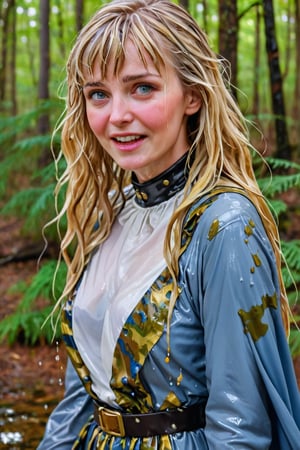 An concept art of an ethereal wet irish alchemist , portrait of a beautiful woman. . closeup of a mature blonde woman with bangs blue and gold camo colored ballgown, she's in a forest looking happy, blushing, leather dog collar, dripping wet hair, ,Masterpiece,white tiled background,, wet skin, wet face, wet heavy dress, 
(masterpiece, top quality, best quality, official art, beautiful and aesthetic:1.2), extreme detailed, highest detailed, ,Masterpiece,Color Booster,wet hair,, wet robe, layered dress, face focused
,soakingwetclothes,art_booster,wagasa,oil-paper,score_9,oil paint 