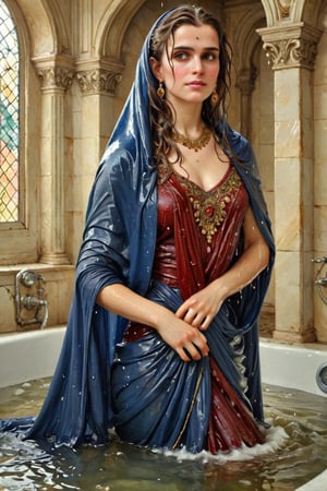 masterpiece, best quality, ultra high resolution, visually stunning, beautiful, award-winning art (abstract art: 1.3), beautiful )))A FULL-LENGTH very detalied full leghn , A anime a very beutifful female medieval warhammer style noble smile,, Watercolor, trending on artstation, sharp focus, Indoor photo, white tiles background, intricate details, highly detailed, by greg rutkowski ,more detail XL, shawl,   wet hair, (bathing in royal bathroom), ((wet clothes, victorian ballgown, ,((heavy rain, beautiful faces, soakingwetclothes, wet clothes, wet hair, wet skin, clothes cling to skin, submerged in tub:1.3)),soakingwetclothes,, wet skin, wet face, wet robe,, face focused , soakingwetclothes,art_booster,indian,OnlySaree_Style,,hoopdress,Pakistani dress,saree,saree influencer,saree model