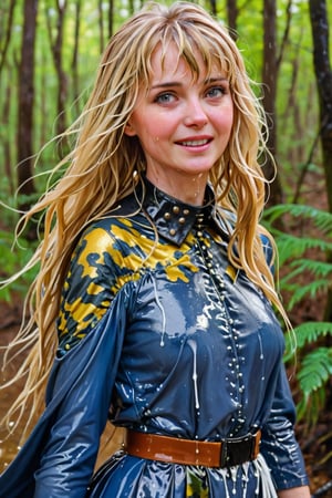 An concept art of an ethereal wet irish alchemist , portrait of a beautiful woman. . closeup of a mature blonde woman with bangs blue and gold camo colored ballgown, she's in a forest looking happy, blushing, leather dog collar, dripping wet hair, ,Masterpiece,white tiled background,, wet skin, wet face, wet heavy dress, 
(masterpiece, top quality, best quality, official art, beautiful and aesthetic:1.2), extreme detailed, highest detailed, ,Masterpiece,Color Booster,wet hair,, wet robe, layered dress, face focused
,soakingwetclothes,art_booster,wagasa,oil-paper,score_9,oil paint 