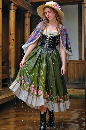 An concept art of an ethereal wet irish alchemist , portrait of a beautiful woman. .A wet girl wearing a wet floral dress, a flowered hat, mediaval cape. Capturing the essence of Manet's 'Spring', dripping wet hair, ,Masterpiece,Half-timbered Construction,, wet skin, wet face, wet heavy longskirt, boots,  .
(masterpiece, top quality, best quality, official art, beautiful and aesthetic:1.2), extreme detailed, highest detailed, ,Masterpiece,Color Booster,wet hair, wet heavy longskirt, boots, wet robe, layered longskirt, face focused
,soakingwetclothes,art_booster,wagasa,oil-paper,score_9,oil paint 