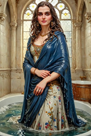 masterpiece, best quality, ultra high resolution, visually stunning, beautiful, award-winning art (abstract art: 1.3), beautiful )))A FULL-LENGTH very detalied full leghn , A anime a very beutifful female medieval warhammer style noble smile,, Watercolor, trending on artstation, sharp focus, Indoor photo, white tiles background, intricate details, highly detailed, by greg rutkowski ,more detail XL, shawl,   wet hair, (bathing in royal bathroom), ((wet clothes, victorian ballgown, ,((heavy rain, beautiful faces, soakingwetclothes, wet clothes, wet hair, wet skin, clothes cling to skin, submerged in tub:1.3)),soakingwetclothes,, wet skin, wet face, wet robe,, face focused , soakingwetclothes,art_booster,indian,OnlySaree_Style,,hoopdress,Pakistani dress,saree,saree influencer,saree model