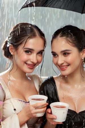 real 50 mm photo, Torrential  rain,  modern sitcom, indoor hall, photographs, Four women in gothic peasant dresses covered by winter shawls in a tea party are holding drinks and smiling in the rain conversation , covered in water drenched,  water oil cascading clothes hair and skin, phones, face focused, beautiful detailed eyes, beautiful detailed lips, extremely detailed face and features, long eyelashes, soft glowing skin, serene expression, detailed clothing folds, detailed jewelry, detailed background, (best quality,4k,8k,highres,masterpiece:1.2),ultra-detailed,(realistic,photorealistic,photo-realistic:1.37),vibrant colors,dramatic lighting,award winning digital art, ,  (((wet clothes, wet hair, wet skin, wet, soaked, clothes cling to skin:1.5)))