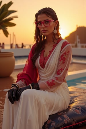 (Wet clothes, wet hair, wet skin:1.2) Capture an enchanting image of a soaking wet cute girl seated gracefully on an oversized, plush cushion. Her outfit is quintessential sleek white traditional saree with red embroidery, long sleeve embroidery blouse and, red shawl, stiletto heels, and diamond earrings. . She wears pink-rimmed glasses that add a touch of whimsy to her look. Her ensemble includes wet hair paired with delicate black lace wet gloves, and she completes the look with stylish platform shoes featuring elegant ribbons.

. The camera uses a close-up shot with a 70mm lens, highlighting the elegance of her attire and the shimmering skyline. The lighting is soft and golden, with the warm glow of the sunset reflecting off
her dress. The image is in 6K resolution, capturing the refined details of her outfit and the glamour of the evening event, ek_ph0t0_b00ster
,
,,Realistic.,, ,soakingwetclothes, wet clothes, wet hair, wet,,3/4 body image ,wet cloths cling to body,Wet,covered in oil,covered in mud,wam,wetlook, Fetishwet