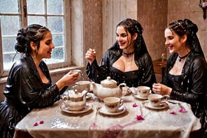 Captured in a single take with a real 50mm lens, this stunning photo showcases four women gathered for an indoor tea party amidst a torrential downpour. Donning gothic peasant dresses and winter shawls, they sit amidst the chaos, their faces aglow as they engage in conversation over steaming cups and saucers. Water-drenched hair clings to their skin as oil glistens on wet clothes, while phones lay scattered around them, forgotten in the midst of laughter and connection. Each woman's face is a masterpiece, with beautiful detailed eyes, lips, and features that seem almost three-dimensional. Long eyelashes frame their gaze, which shines softly against the serene expression, like a work of art come to life. Every fold of their clothing, every glint of jewelry, and every detail of the background seems meticulously crafted, as if plucked from a painter's canvas. (((wet clothes, wet hair, wet skin, wet, soaked, clothes cling to skin:1.2)),soakingwetclothes