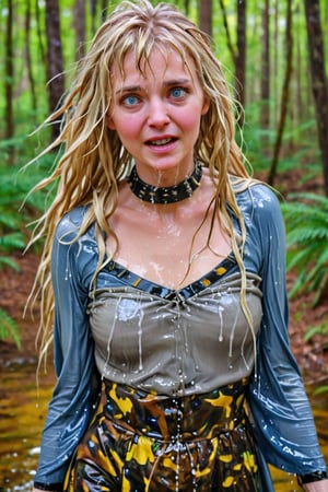 An concept art of an ethereal wet irish alchemist , portrait of a beautiful woman. . closeup of a mature wet blonde woman with wet bangs blue and gold camo colored wet ballgown, she's in a forest looking happy, blushing, leather dog collar, dripping wet hair, ,Masterpiece,white tiled background,, wet skin, wet face, wet heavy dress, 
(masterpiece, top quality, best quality, official art, beautiful and aesthetic:1.2), extreme detailed, highest detailed, ,Masterpiece,Color Booster,wet hair,, wet robe, layered dress, face focused
,soakingwetclothes,art_booster,wagasa,oil-paper,score_9,oil paint 