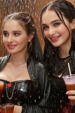 real 50 mm photo, Torrential  rain,  modern sitcom, indoor hall, photographs, Four women in gothic peasant dresses covered by winter shawls in a tea party are holding drinks and smiling in the rain conversation , covered in water drenched,  water oil cascading clothes hair and skin, phones, face focused, beautiful detailed eyes, beautiful detailed lips, extremely detailed face and features, long eyelashes, soft glowing skin, serene expression, detailed clothing folds, detailed jewelry, detailed background, (best quality,4k,8k,highres,masterpiece:1.2),ultra-detailed,(realistic,photorealistic,photo-realistic:1.37),vibrant colors,dramatic lighting,award winning digital art, ,  (((wet clothes, wet hair, wet skin, wet, soaked, clothes cling to skin:1.5)))