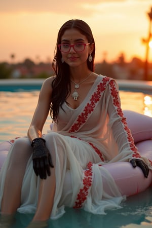 (Wet clothes, wet hair, wet skin:1.2) Capture an enchanting image of a soaking wet cute girl seated gracefully on an oversized, plush cushion. Her outfit is quintessential wet sleek white traditional saree with red embroidery, wet long sleeve embroidery blouse and, wet red embroidery shawl, stiletto heels, and diamond earrings. . She wears pink-rimmed glasses that add a touch of whimsy to her look. Her ensemble includes wet hair paired with delicate black lace wet gloves, and she completes the look with stylish.

. The camera uses a close-up shot with a 70mm lens, highlighting the elegance of her attire and the shimmering skyline. The lighting is soft and golden, with the warm glow of the sunset reflecting off
her dress. The image is in 6K resolution, capturing the refined details of her outfit and the glamour of the evening event, ek_ph0t0_b00ster
,
,,Realistic.,, ,soakingwetclothes, wet clothes, wet hair, wet,,3/4 body image ,wet cloths cling to body,Wet,covered in oil,covered in mud,wam,wetlook, Fetishwet