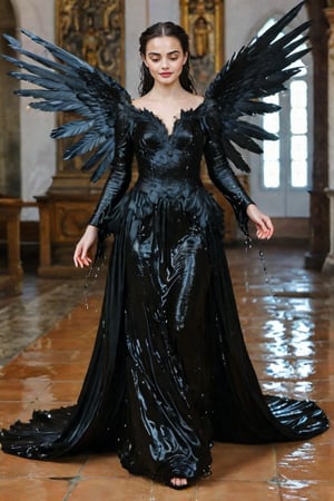 A girl wearing a long black wedding dress, church, baroque style, detailed feathers, huge wings, full body, big scene, super realistic,soakingwetclothes, wet clothes, wet hair, wet skin, wet, soaked , wet face.face focused