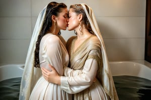 (wet clothes, wet hair, wet, wet face, wet skin, two girls kissing, shawl , wet veil,  A cinematic photo of Two wet women are kissing while sleeping together on a wet bed. They are wearing wet victorian style silk dress and wet shawl. Both women are wearing wet, soaked Victorian silk dresses and wet shawl. Wet clothes clinging, The room is white and has a few props. The background is blurred.: 1.4 ),(60s film , two wet lesbian making out session, A sultryMedium shot ,looking to the camera,   blonde deep wet kiss (wet brunnete doris day and grace kelly a 40-year-old wet woman). embraced full wet make up, The cinematic film still captures their intimate moment as they making out, wet drindl ballgown, wet royal cloak. they embrace each other against the backdrop of a luxurious coffeshop bathed in soft daylight, submerge,  hugging, wet hair, moist face:1.2)), infused with norwegian elements. The wet dress combines intricate lace and embroidery with colorful ballgown-inspired patterns. A wide obi belt cinches her waist, while puffed sleeves and delicate accessories complete the look, showcasing a striking fusion of cultures.,ct-drago
.
, soakingwetclothes, wet clothes, wet hair,photorealistic,georgian gown,18thcentury,Georgian gown,Pakistani dress