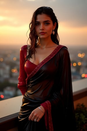 (Wet clothes, wet hair, wet skin:1.2) A sophisticated young woman with an elegant style, attending a high-end rooftop soirée. She is wearing a sleek black traditional saree with red embroidery, long sleeve embroidery blouse and, red shawl, stiletto heels, and diamond earrings.
The setting is a luxurious rooftop with a panoramic city view, sparkling lights in the background. The camera uses a close-up shot with a 70mm lens, highlighting the elegance of her attire and the shimmering skyline. The lighting is soft and golden, with the warm glow of the sunset reflecting off
her dress. The image is in 6K resolution, capturing the refined details of her outfit and the glamour of the evening event, ek_ph0t0_b00ster
,
,,Realistic.,, ,soakingwetclothes, wet clothes, wet hair, wet,,3/4 body image ,wet cloths cling to body,Wet,covered in oil,covered in mud,wam,wetlook, Fetishwet