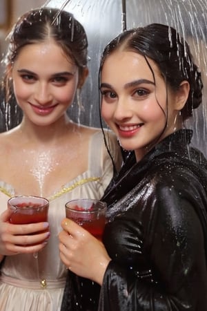 real 50 mm photo, Torrential  rain,  modern sitcom, indoor hall, photographs, Four women in gothic peasant dresses covered by winter shawls in a tea party are holding drinks and smiling in the rain conversation , covered in water drenched,  water oil cascading clothes hair and skin, phones, face focused, beautiful detailed eyes, beautiful detailed lips, extremely detailed face and features, long eyelashes, soft glowing skin, serene expression, detailed clothing folds, detailed jewelry, detailed background, (best quality,4k,8k,highres,masterpiece:1.2),ultra-detailed,(realistic,photorealistic,photo-realistic:1.37),vibrant colors,dramatic lighting,award winning digital art, ,  (((wet clothes, wet hair, wet skin, wet, soaked, clothes cling to skin:1.5)))