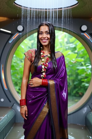 (wet clothes, wet hair, wet face, wet skin, slimed cloth, :1.4)

A smiling Norwegian woman is wearing a traditional Kanjivaram silk saree, now completely drenched by the rain. The saree is a deep violet with an ornate gold border depicting lotus motifs, and it clings to her form as she stands confidently. She has draped the saree over her left shoulder and wrapped it tightly around her right shoulder. Her accessories include red glass bangles, a gold ring, and a jasmine garland necklace. Her long, wavy black hair, wet and adorned with jasmine flowers, adds to the surreal atmosphere. The background blends a lush green garden with trees and soft natural light with the deck of a futuristic spaceship, surrounded by advanced control panels and holographic displays. Rain pours from an open hatch above, soaking her and the intricate fabric. The wet silk saree clings to her body, accentuating its fine texture, while the serene natural setting contrasts with the sleek high-tech spacecraft. Rainwater drips onto the polished floor, highlighting the harmony between tradition and modernity in this vivid, surreal scene.

. 

 Close-up shot, 4K, RAW, masterpiece, soakingwetclothes, wetlook, high definition, luxury wet fashion photography, professional news studio atmosphere.,Fetishwet,Enhanced all,Wetfetish