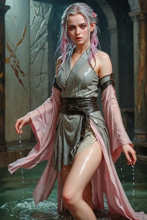 breathtaking RAW photo of wet female ((THigh quality concept art portrait featuring a fantastic and beautiful and fair 18 years old whit wet Silver pink hair and Hazel eyes Caucasian o lot of color Elven women(Bella Delphine) whit drawn on weathered parchment, using lord of the rings or dungeons and dragons, character sheet, perfect wet anatomy, parchment serves as a canvas decorated with ancient runes, made by hand. sketches drawn, by Boris Vallejo, high details, )), dark and moody style, perfect wet face, outstretched perfect hands . masterpiece, professional, award-winning, intricate details, ultra high detailed, 64k, dramatic light, volumetric light, dynamic lighting, Epic, splash art .. ), by james jean $, roby dwi antono $, ross tran $. francis bacon $, michal mraz $, adrian ghenie $, petra cortright $, gerhard richter $, takato yamamoto $, ashley wood, tense atmospheric, , , , sooyaaa,IMGFIX,Comic Book-Style,Movie Aesthetic,action shot,photo r3al,bad quality image,oil painting, cinematic moviemaker style,Japan Vibes,H effect,koh_yunjung ,koh_yunjung,kwon-nara,sooyaaa,colorful,bones,,armor,han-hyoju-xl ,DonMn1ghtm4reXL, ct-fujiii ,oiran,furisode,ct-jeniiii, ct-goeuun,yaya, HanFu,golden kimono,kamado nezuko,sword maiden,theresa apocalypse,koling,ct-rosseeiiee,ct-rosseeiiee,ct-virtual,((soakingwetclothes, wet clothes, wet hair, wet skin, :1.3)),soakingwetclothes,, wet skin, wet face, wet ballgown, boots, wet robe, layered longskirt, face focused
,soakingwetclothes,art_booster,indian