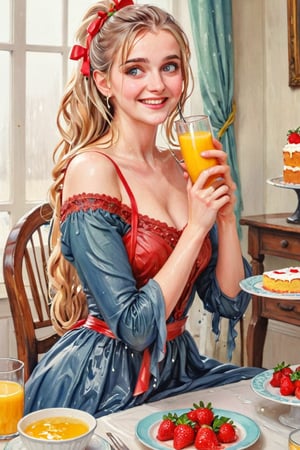 masterpiece, top quality, aesthetic, (watercolor style: 1.7), 1 woman, solo, long hair, looking at viewer, smiling, happy, open mouth, bangs, blue eyes, blonde hair, dress, long sleeves, off-shoulder dress, ribbon, holding, sitting, hair ribbon, , ponytail, :d, heart, frill, food, glass, straw, red ribbon, neck ribbon, fruit, chair, table, holding food, plate, orange juice, cake, strawberry, fork, holding fork,watercolor \(medium\),   wet hair, (), ((wet clothes, victorian ballgown, ,((heavy rain, beautiful faces, soakingwetclothes, wet clothes, wet hair, wet skin, clothes cling to skin, drapped with wet shawl:1.3)),soakingwetclothes,, wet skin, wet face, wet robe,, face focused , soakingwetclothes,art_booster,indian,OnlySaree_Style,,hoopdress,Pakistani dress,saree,saree influencer,saree model