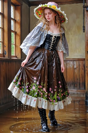 An concept art of an ethereal wet irish alchemist , portrait of a beautiful woman. .A wet girl wearing a wet floral dress, a flowered hat, mediaval cape. Capturing the essence of Manet's 'Spring', dripping wet hair, ,Masterpiece,Half-timbered Construction,, wet skin, wet face, wet heavy longskirt, boots,  .
(masterpiece, top quality, best quality, official art, beautiful and aesthetic:1.2), extreme detailed, highest detailed, ,Masterpiece,Color Booster,wet hair, wet heavy longskirt, boots, wet robe, layered longskirt, face focused
,soakingwetclothes,art_booster,wagasa,oil-paper,score_9,oil paint 