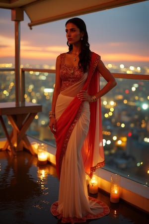 (Wet clothes, wet hair, wet skin:1.2) A sophisticated young woman with an elegant style, attending a high-end rooftop soirée. She is wearing a sleek white traditional saree with red embroidery, long sleeve embroidery blouse and, red shawl, stiletto heels, and diamond earrings.
The setting is a luxurious rooftop with a panoramic city view, sparkling lights in the background. The camera uses a close-up shot with a 70mm lens, highlighting the elegance of her attire and the shimmering skyline. The lighting is soft and golden, with the warm glow of the sunset reflecting off
her dress. The image is in 6K resolution, capturing the refined details of her outfit and the glamour of the evening event, ek_ph0t0_b00ster
,
,,Realistic.,, ,soakingwetclothes, wet clothes, wet hair, wet,,3/4 body image ,wet cloths cling to body,Wet,covered in oil,covered in mud,wam,wetlook, Fetishwet