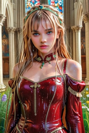 masterpiece, official art, ((ultra detailed)), (ultra quality), high quality, perfect face, 1 wet girl with long hair, blond-green wet hair with bangs, bronze eyes, detailed face, wearing a fancy ornate (((folk ballgown dress))), shoulder armor, febric armor, glove, hairband, hair accessories, striped, (wet clothes, wet hair, wet skin, holding the great weapon:1.37), jewelery, thighhighs, pauldrons, side slit, capelet, vertical stripes, looking at viewer, fantastical and ethereal scenery, daytime, church, grass, flowers. Intricate details, extremely detailed, incredible details, full colored, complex details, hyper maximalist, detailed decoration, detailed lines, best quality, HDR, dynamic lighting, perfect anatomy, realistic, more detail,
,Architectural100,style,soakingwetclothes