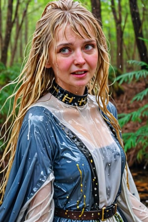 An concept art of an ethereal wet irish alchemist , portrait of a beautiful woman. . closeup of a mature wet blonde woman with wet bangs blue and gold camo colored wet ballgown, she's in a forest looking happy, blushing, leather dog collar, dripping wet hair, ,Masterpiece,white tiled background,, wet skin, wet face, wet heavy dress, 
(masterpiece, top quality, best quality, official art, beautiful and aesthetic:1.2), extreme detailed, highest detailed, ,Masterpiece,Color Booster,wet hair,, wet robe, layered dress, face focused
,soakingwetclothes,art_booster,wagasa,oil-paper,score_9,oil paint 