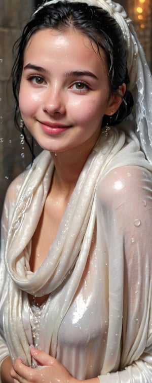 a cute young wet woman, her wet cat, digital painting, flawless soft wet skin,highly detailed wet face,wet black hair, kind smile,friendly,bliss,wearing a wet cozy shawl and scarf,bubbles,dark background,warm vibes, ultra realistic,soakingwetclothes,bridal gown