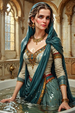 masterpiece, best quality, ultra high resolution, visually stunning, beautiful, award-winning art (abstract art: 1.3), beautiful )))A FULL-LENGTH very detalied full leghn , A anime a very beutifful female medieval warhammer style noble smile,, Watercolor, trending on artstation, sharp focus, Indoor photo, white tiles background, intricate details, highly detailed, by greg rutkowski ,more detail XL, shawl,   wet hair, (bathing in royal bathroom), ((wet clothes, victorian ballgown, ,((heavy rain, beautiful faces, soakingwetclothes, wet clothes, wet hair, wet skin, clothes cling to skin, submerged in tub:1.3)),soakingwetclothes,, wet skin, wet face, wet robe,, face focused , soakingwetclothes,art_booster,indian,OnlySaree_Style,,hoopdress,Pakistani dress,saree,saree influencer,saree model