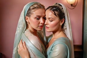 (wet clothes, wet hair, wet, wet face, wet skin, two girls kissing, shawl , wet veil,  veil: 1.4 ),(60s film , two wet lesbian making out session, A sultryMedium shot ,looking to the camera,   blonde deep wet kiss (wet brunnete doris day and grace kelly a 40-year-old wet woman). embraced full wet make up, The cinematic film still captures their intimate moment as they making out, wet drindl ballgown, wet royal cloak. they embrace each other against the backdrop of a luxurious coffeshop bathed in soft daylight, submerge,  hugging, wet hair, moist face:1.2)), infused with norwegian elements. The wet dress combines intricate lace and embroidery with colorful ballgown-inspired patterns. A wide obi belt cinches her waist, while puffed sleeves and delicate accessories complete the look, showcasing a striking fusion of cultures.,ct-drago
.
, soakingwetclothes, wet clothes, wet hair,photorealistic,georgian gown,18thcentury,Georgian gown