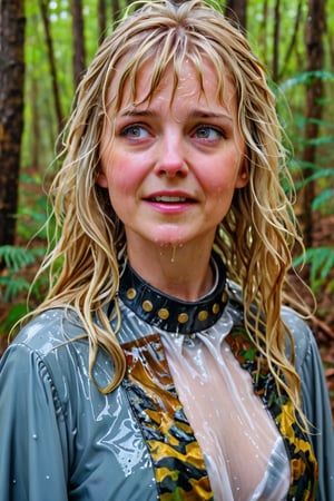 An concept art of an ethereal wet irish alchemist , portrait of a beautiful woman. . closeup of a mature wet blonde woman with wet bangs blue and gold camo colored wet ballgown, she's in a forest looking happy, blushing, leather dog collar, dripping wet hair, ,Masterpiece,white tiled background,, wet skin, wet face, wet heavy dress, 
(masterpiece, top quality, best quality, official art, beautiful and aesthetic:1.2), extreme detailed, highest detailed, ,Masterpiece,Color Booster,wet hair,, wet robe, layered dress, face focused
,soakingwetclothes,art_booster,wagasa,oil-paper,score_9,oil paint 