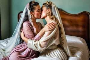 (wet clothes, wet hair, wet, wet face, wet skin, two girls kissing, shawl , wet veil,  A cinematic photo of Two wet women are kissing while sleeping together on a bed. They are wearing wet victorian style silk dress and wet shawl. Both women are wearing wet, soaked Victorian silk dresses and wet shawl. Wet clothes clinging, The room is white and has a few props. The background is blurred.: 1.4 ),(60s film , two wet lesbian making out session, A sultryMedium shot ,looking to the camera,   blonde deep wet kiss (wet brunnete doris day and grace kelly a 40-year-old wet woman). embraced full wet make up, The cinematic film still captures their intimate moment as they making out, wet drindl ballgown, wet royal cloak. they embrace each other against the backdrop of a luxurious coffeshop bathed in soft daylight, submerge,  hugging, wet hair, moist face:1.2)), infused with norwegian elements. The wet dress combines intricate lace and embroidery with colorful ballgown-inspired patterns. A wide obi belt cinches her waist, while puffed sleeves and delicate accessories complete the look, showcasing a striking fusion of cultures.,ct-drago
.
, soakingwetclothes, wet clothes, wet hair,photorealistic,georgian gown,18thcentury,Georgian gown,Pakistani dress