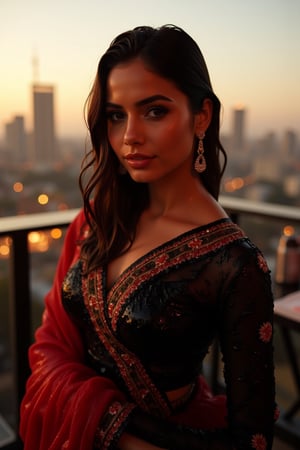 (Wet clothes, wet hair, wet skin:1.2) A sophisticated young woman with an elegant style, attending a high-end rooftop soirée. She is wearing a sleek black traditional saree with red embroidery, long sleeve embroidery blouse and, red shawl, stiletto heels, and diamond earrings.
The setting is a luxurious rooftop with a panoramic city view, sparkling lights in the background. The camera uses a close-up shot with a 70mm lens, highlighting the elegance of her attire and the shimmering skyline. The lighting is soft and golden, with the warm glow of the sunset reflecting off
her dress. The image is in 6K resolution, capturing the refined details of her outfit and the glamour of the evening event, ek_ph0t0_b00ster
,
,,Realistic.,, ,soakingwetclothes, wet clothes, wet hair, wet,,3/4 body image ,wet cloths cling to body,Wet,covered in oil,covered in mud,wam,wetlook, Fetishwet