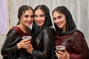 real 50 mm photo, Torrential rain, modern sitcom, indoor hall, photographs, Four women in gothic peasant dresses drapped by winter shawls in a tea party are holding drinks and smiling in the rain conversation , covered in water drenched, water oil cascading clothes hair and skin, phones, face focused, beautiful detailed eyes, beautiful detailed lips, extremely detailed face and features, long eyelashes, soft glowing skin, serene expression, detailed clothing folds, detailed jewelry, detailed background, (best quality,4k,8k,highres,masterpiece:1.2),ultra-detailed,(realistic,photorealistic,photo-realistic),vibrant colors,dramatic lighting,award winning digital art, , (((wet clothes, wet hair, wet skin, wet, soaked, clothes cling to skin:1.2)),soakingwetclothes