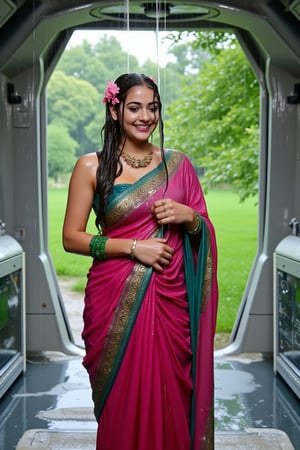 (wet clothes, wet hair, wet face, wet skin, slimed cloth, :1.4)

A smiling Norwegian woman is wearing a traditional Indian saree, completely soaked by the rain. The rich pink saree with a teal green border adorned with golden peacock motifs clings to her as she stands confidently in an otherworldly setting. She has draped the saree over her left shoulder and wrapped it around her right, holding it tightly. Her accessories include green glass bangles, a gold ring, and a floral necklace. Her long, wavy black hair, wet and adorned with pink flowers, adds to the surreal atmosphere. The background is a mix of a lush, green outdoor environment with trees, and the deck of a futuristic spaceship filled with advanced control panels and holographic displays. Rain pours from an open hatch above, soaking both her and the intricate fabric. The wet saree clings to her form, while the vibrant natural setting contrasts with the futuristic spaceship. Rainwater drips onto the sleek metal floor, emphasizing the fusion of traditional and high-tech elements, creating an elegant, surreal atmosphere

. 

 Close-up shot, 4K, RAW, masterpiece, soakingwetclothes, wetlook, high definition, luxury wet fashion photography, professional news studio atmosphere.,Fetishwet,Enhanced all,Wetfetish